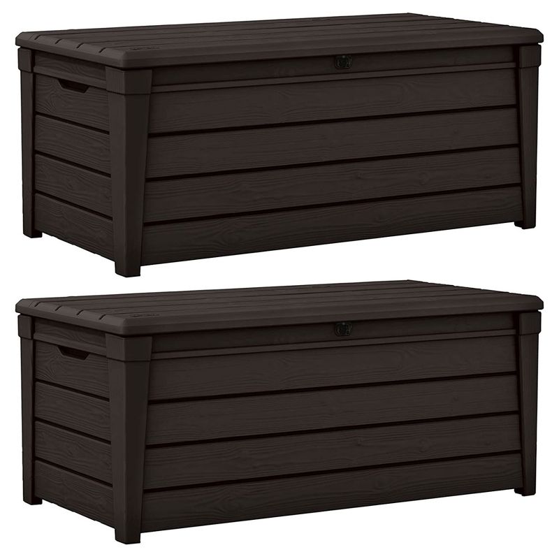 Keter Brightwood 120 Gallon All Weather Weatherproof Resin Outdoor Backyard Patio Porch Garden Deck Storage Bench with Easy Lift, Brown (2 Pack), 1 of 7