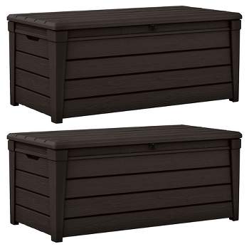 Keter Brightwood 120 Gallon All Weather Weatherproof Resin Outdoor Backyard Patio Porch Garden Deck Storage Bench with Easy Lift, Brown (2 Pack)