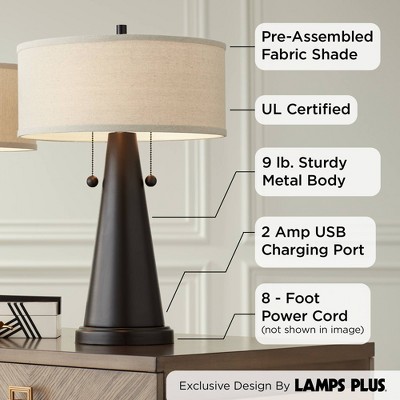 Bronze Tapered Table Lamps with Natural Drum Shades and USB Ports, Set of 2