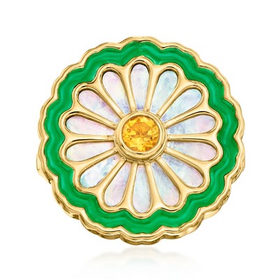 Ross-Simons Mother-Of-Pearl and .10 Carat Citrine Flower Ring With Green Enamel in 18kt Gold Over Sterling