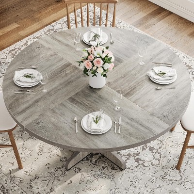 Round Dining Table for 4, 47 Inch Farmhouse Kitchen Table with Wood Tabletop and Stable Base, Circle Dinning Room Table Grey (Only Table)