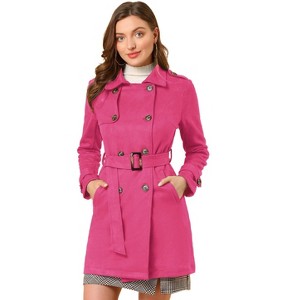 Allegra K Women's Notched Lapel Double Breasted Faux Suede Trench Coat with Belt - 1 of 4