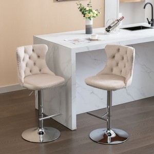 Kumasinova 25"-33" Swivel Bar Stools with Tufted High Back,Luxury Velvet Counter Height Back Stools with Gas Lift & Silver-Plating Footrest - 1 of 4