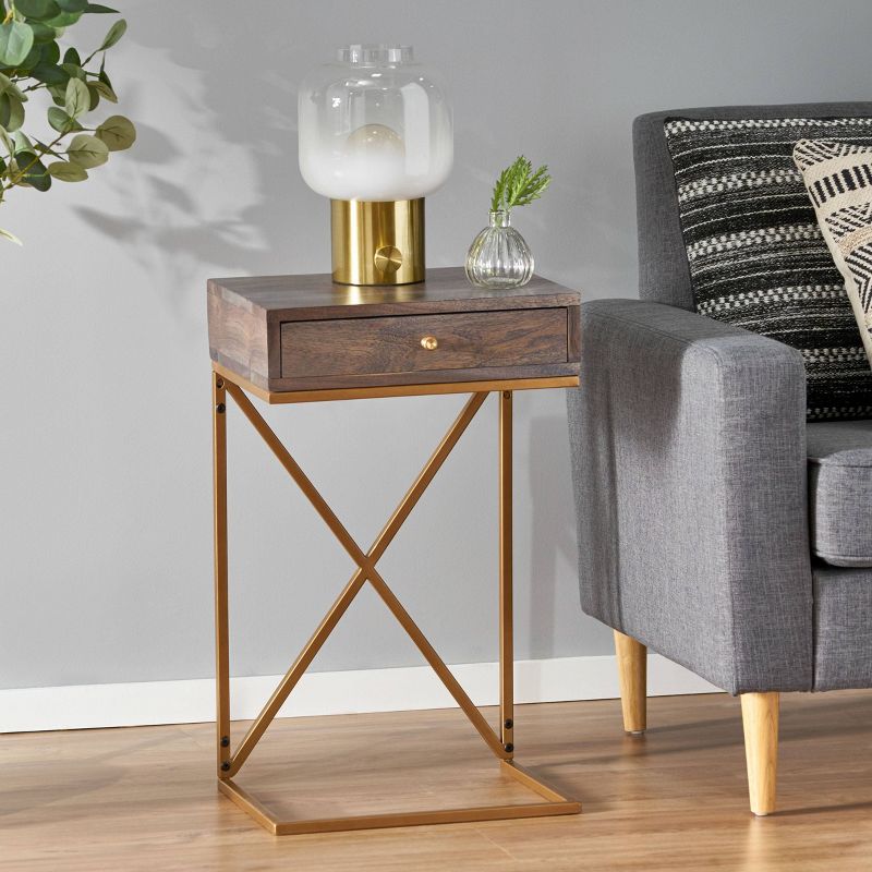 Bucyrus Rustic Glam Handcrafted Acacia Wood C Shaped Side Table Dark Brown/Gold - Christopher Knight Home, 3 of 13