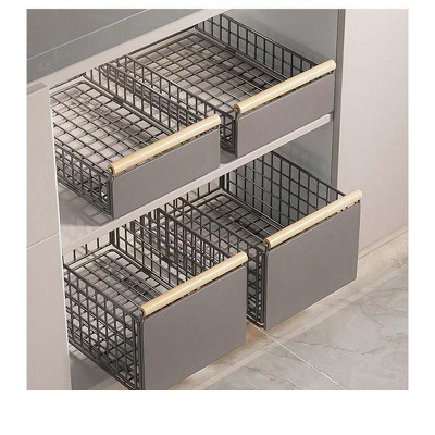 Gray-S Pull Out Cabinet Organizer Fixed With Adhesive Film, Heavy Duty Slide Out Pantry Shelves Drawer Storage, Sliding Mesh Cabinet Basket With Han