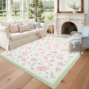 Washable Modern Floral Cute Bow Rug Non Slip Low Pile Rug Soft Contemporary Throw Floor Cover Foldable Indoor Carpet for Living Room Bedroom Nursery - 1 of 4