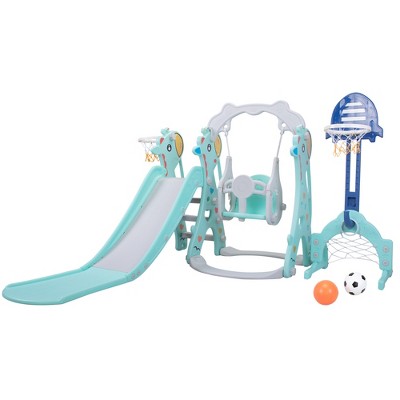 76.77"5 in 1 Slide and Swing Playing Set, Toddler Extra-Long Slide with 2 Basketball Hoops, Football, Ringtoss, Indoor Outdoor,Gray