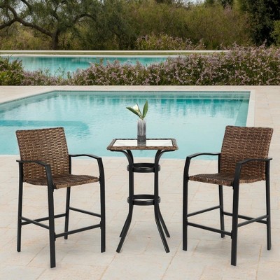 Resenkos Kitchen Bar Table Set,Bar Table Set,3 Pieces Outdoor Bar Stools Set with Glass Table Top, Brown