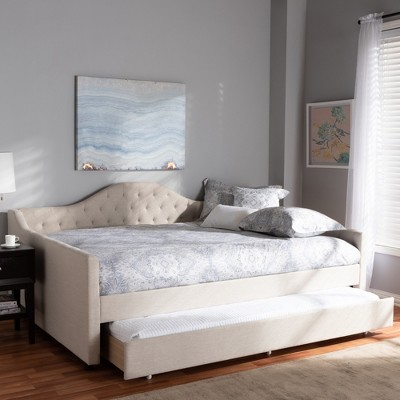 Light Beige Full Upholstered Daybed with Trundle and Tufted Headboard