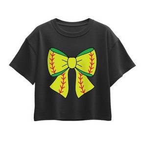 Girls' - Instant Message - Softball Bow Short Sleeve Boxy Graphic T-Shirt - 1 of 3