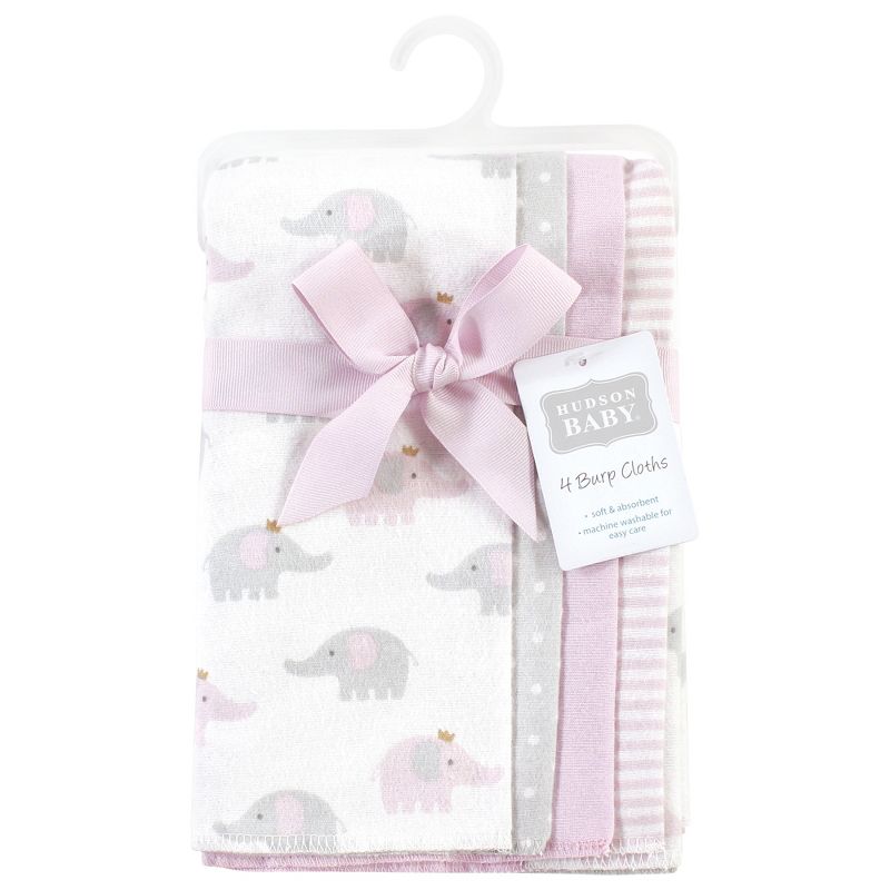 Hudson Baby Infant Girl Cotton Flannel Burp Cloths, Lilac Elephants 4 Pack, One Size, 2 of 7