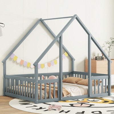 JUJABU Full Wood House-Shaped Floor Bed with Fence, Guardrails