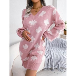 Women's V-Neck Lantern Sleeve Sweater Dress, Cloud Color Block Knit Knee-Length Dress - 1 of 4