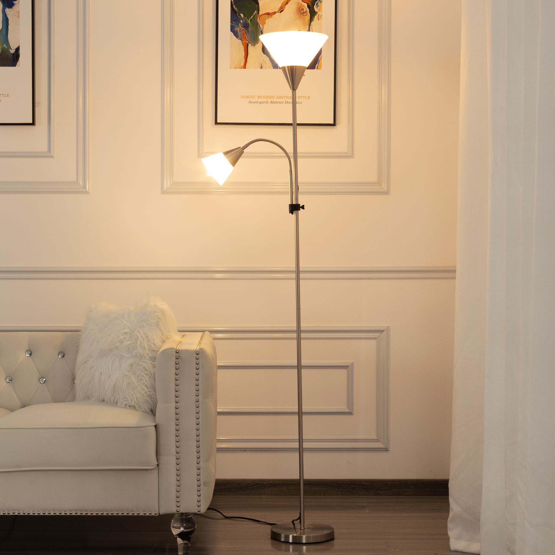 BSHTI Nature Torchiere Floor Lamp with Reading Light, Adjustable, 16.9"x11.8"x71.3"H, Dual Switches, Space-Saving for Living Room, Bedroom,E26 Socket