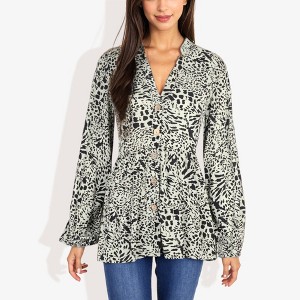 Anna-Kaci Women's Button Down Blouse with Animal Print and Ruffle Trim V-Neck Casual Top - 1 of 4