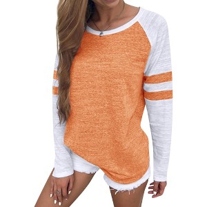 Nlife Women Stripe Splice Shirt Long Sleeve Crew Neck Colorblock Blouse - 1 of 4