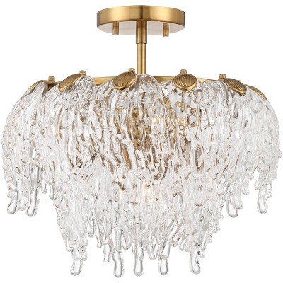 Barnes and Ivy Modern Ceiling Light Semi Flush Mount Fixture Brass 14 1/4" Wide Drip Clear Glass for Bedroom Kitchen Living Room