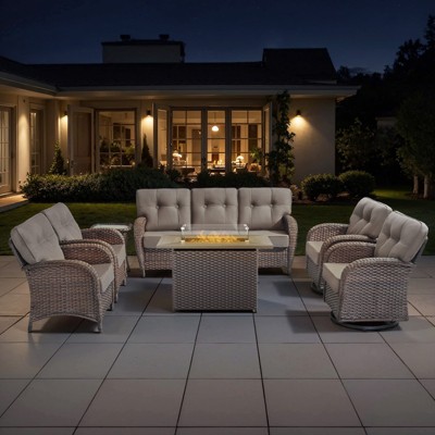 Belord Brown Wicker 7 Piece Patio Furniture Set with 5" Thick Cushions, 41" Propane Fire Pit Table Set with Swivel Glider Chairs and Club Chairs