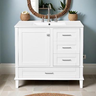 36" Black Bathroom Vanity with Solid Pine Frame, 1 Soft Close Door and 3 Drawers , Modern Storage Cabinet - Leovsnove