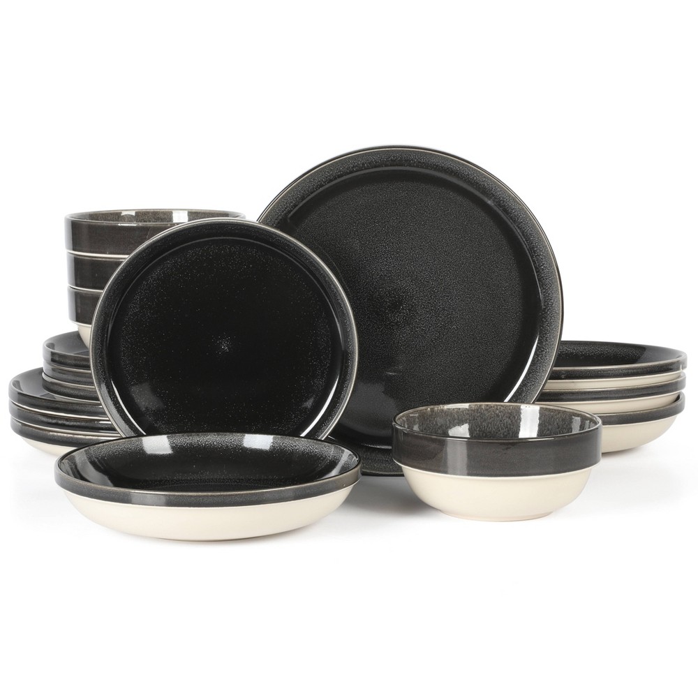 Photos - Glass Gibson Home Sur La Table Kitchen Essentials Banquette 16pc Reactive Glaze Stoneware Dinnerware Set Black: Kitchen Dish Set,