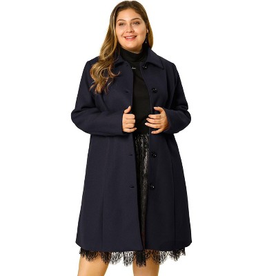 Agnes Orinda Women's Plus Size Winter Notched Lapel Double Breasted Long  Overcoats Navy Blue 1X