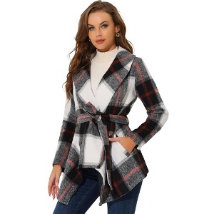 Allegra K Women's Shawl Collar Asymmetric Hem Thin Belted Plaids Wrap Coat - 1 of 4