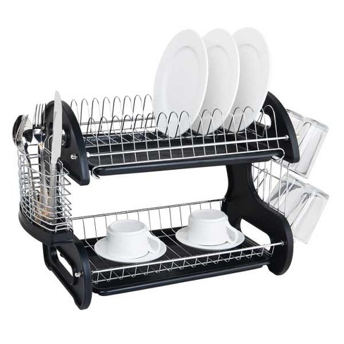 J&V TEXTILES Foldable Dish Drying Rack with Drainboard, Stainless Steel 2  Tier Dish Drainer Rack (White)