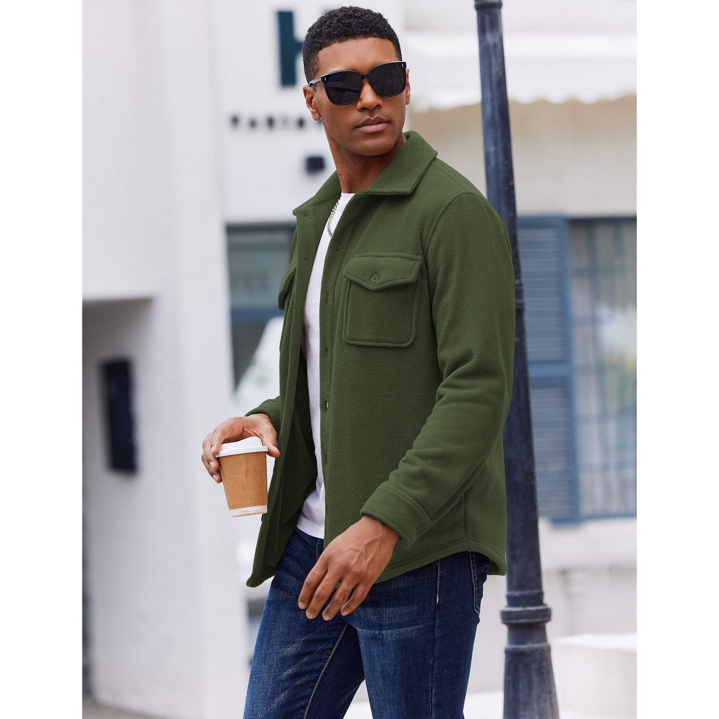 Мужская куртка COOFANDY Casual Shirt Jacket Lightweight Button Down Shacket Fleece Overshirt Army Green, цвет: Зелёный — фото 3
