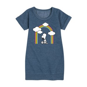 - Peanuts - Snoopy Looking Up Rainbow Graphic Short Sleeve Fleece Dress - 1 of 4