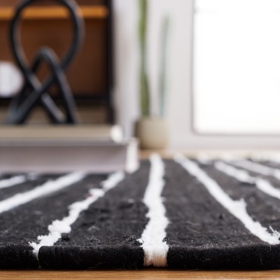 Black and White Striped Wool Cotton 4' x 6' Area Rug
