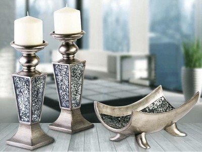 Silver Crackled Mosaic Polyresin Candlestick Set