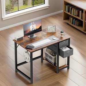 ROOMTEC Modern Home Office Writing Desk, Simple Style Office Table with 2-Tier Drawers and Bottom Storage Shelf - 1 of 4