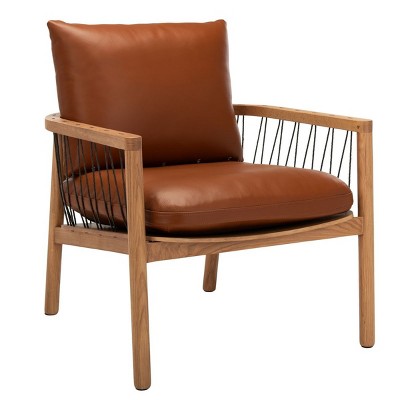 Caramel Brown Mid-Century Leather and Oak Armchair