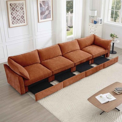 4-Seater Sofa with Pull-Out Storage Drawers, Sofa with Crescent Armrests and Piped Edge, Upholstered Chenille Sofa with Cushion-Coolbibila