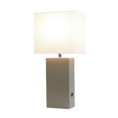 Modern Gray Leather Table Lamp with USB and White Fabric Shade