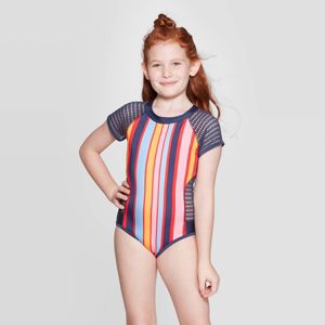 Girls Back Zipper Short Sleeve One Piece Swimsuit Art Class Multi Stripe M Target