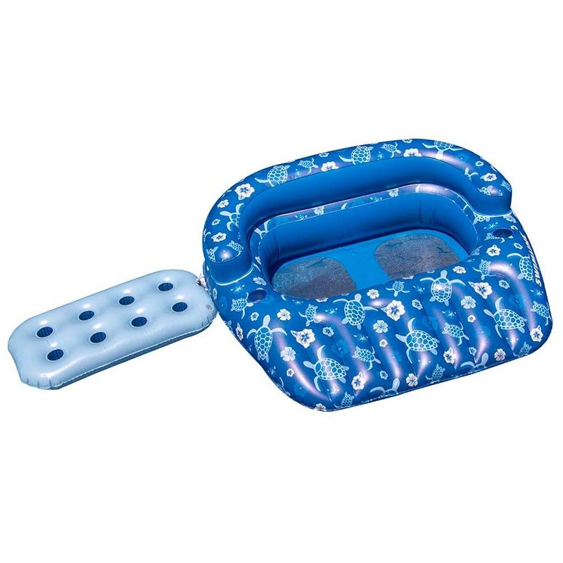 Swimline 90482 Inflatable Double Float 2 Person Tropical Floating Lounger Raft w/ Removable Center Seat or Drink Caddy and 2 Built-In Cupholders, Blue, 1 of 6