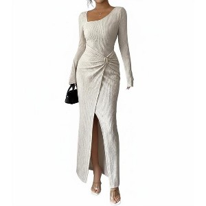 Women's Ribbed Knit Bodycon Maxi Dress, Asymmetrical Neck Long Sleeve Slit Evening Dress Apricot S