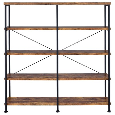 Contemporary 60'' Black and Antique Nutmeg Double Wide Bookcase