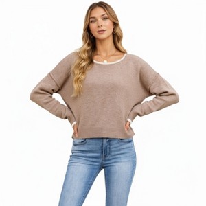 Anna-Kaci Women's Long Sleeve Crew Neck Knit Pullover Sweater with Contrast Trim - 1 of 4