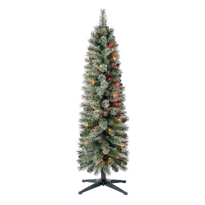 Home Heritage 5 Foot Prelit Stanley Cashmere Slim Pencil Pine Artificial Holiday Christmas Tree with Incandescent Multicolor Lights