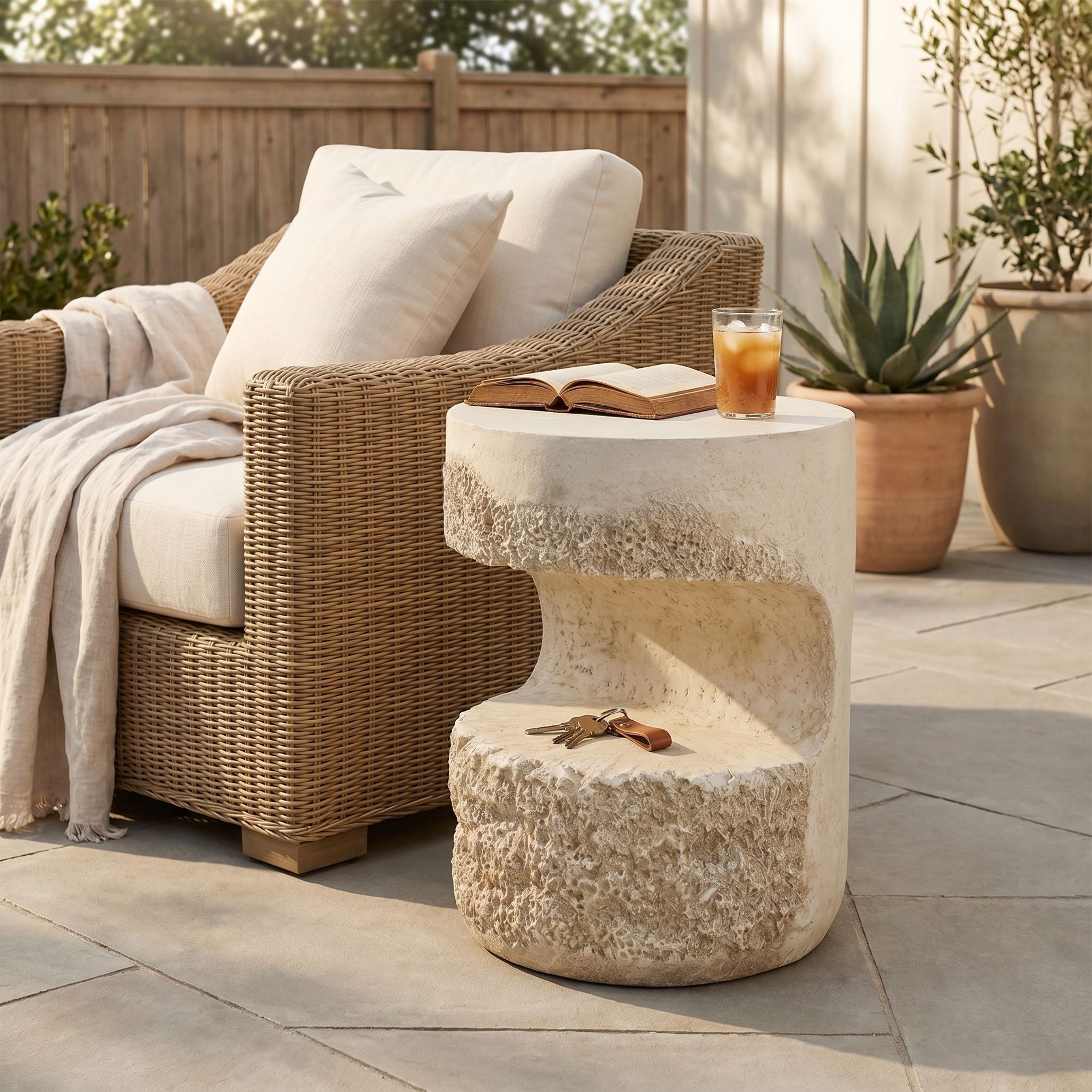 Outdoor Patio Round MGO Accent Side Table, End Table with Open Storage Shelf, Pedestal Table Plant Stand, Beige - ModernLuxe