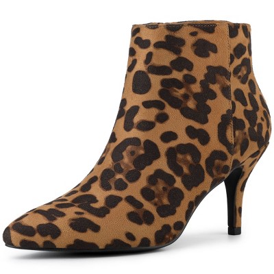 Women Ankle Booties Low Mid Block Heel Boots Zip Pointed Toe Shoes Leopard Print 