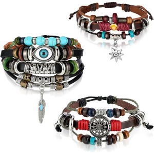 3-Pack Multilayer Woven Leather Bracelets with Evil Eye Beads, Bohemian Handmade PU Bracelets for Men & Women - 1 of 4