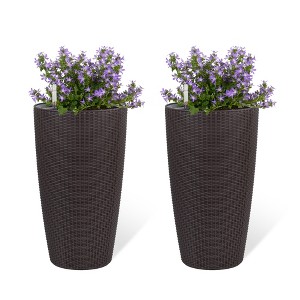 Dexmalle Set of 2 Faux Rattan Tall Planters Outdoor Indoor Large Planters with Water Level Monitor Inner Bucket - 1 of 4