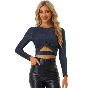 Allegra K Women's Glitter Long Sleeve Cut Out Twist Front Slim Fitted Crop Top - 1 of 4