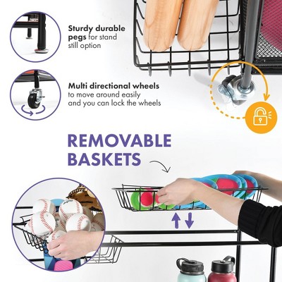 Black Steel Large Sports Equipment Organizer Cart with Wheels
