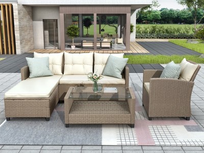 Outdoor Patio Rattan 4-Piece Conversational Modular Sofa Set with Seat Cushion and Coffee Table - ModernLuxe