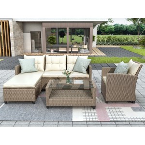 Outdoor Patio Rattan 4-Piece Conversational Modular Sofa Set with Seat Cushion and Coffee Table - ModernLuxe - 1 of 4