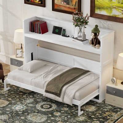 Lycvki Twin XL Size White Murphy Bed with Desk,LED Light and USB Charging Station